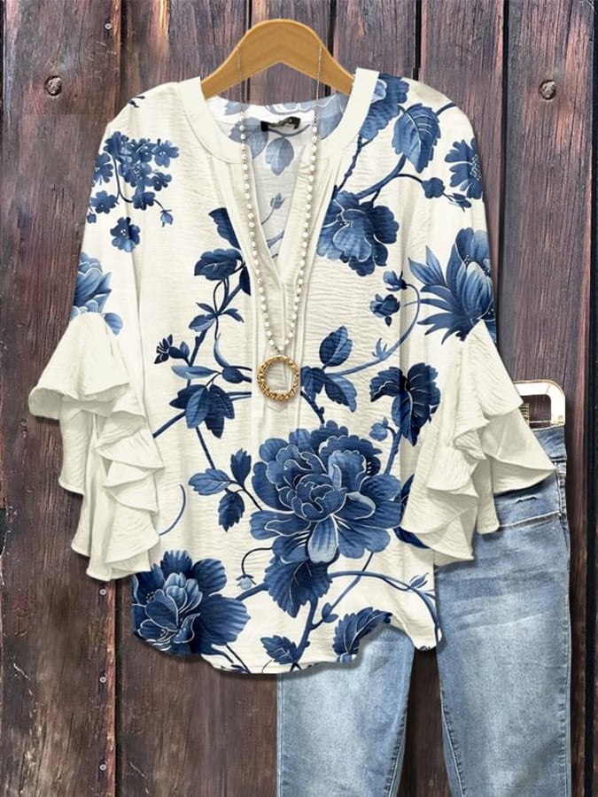 Indigo Bloom - Blue Floral Blouse with Ruffle Sleeves