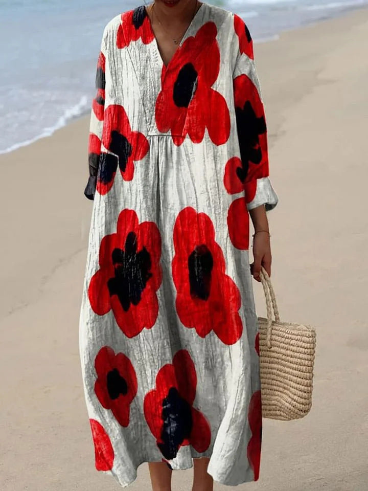 Elsie - Long Floral Dress in Red