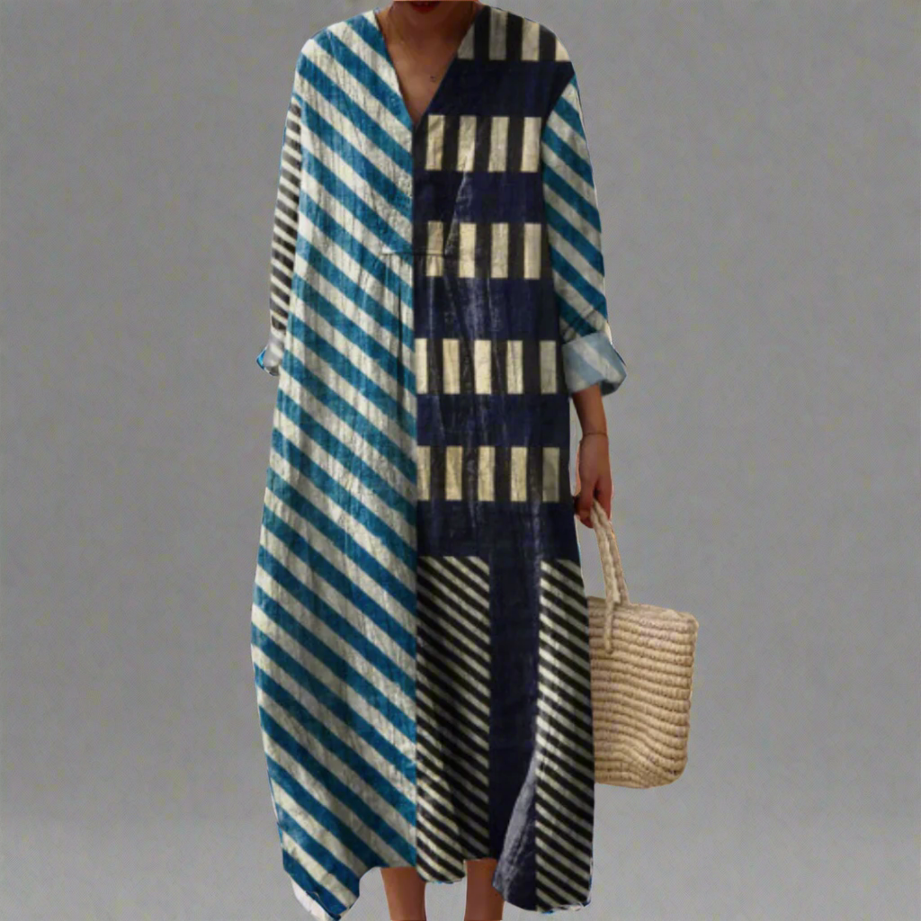 Catherine - Modern Patchwork Striped Midi Dress