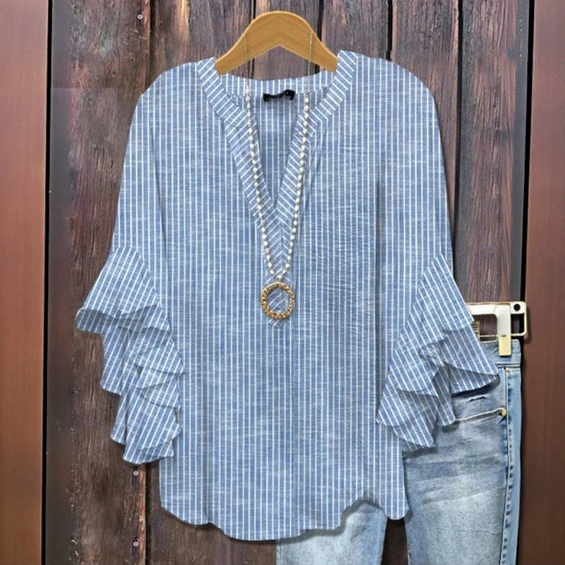 Blue lines - striped ruffle blouse