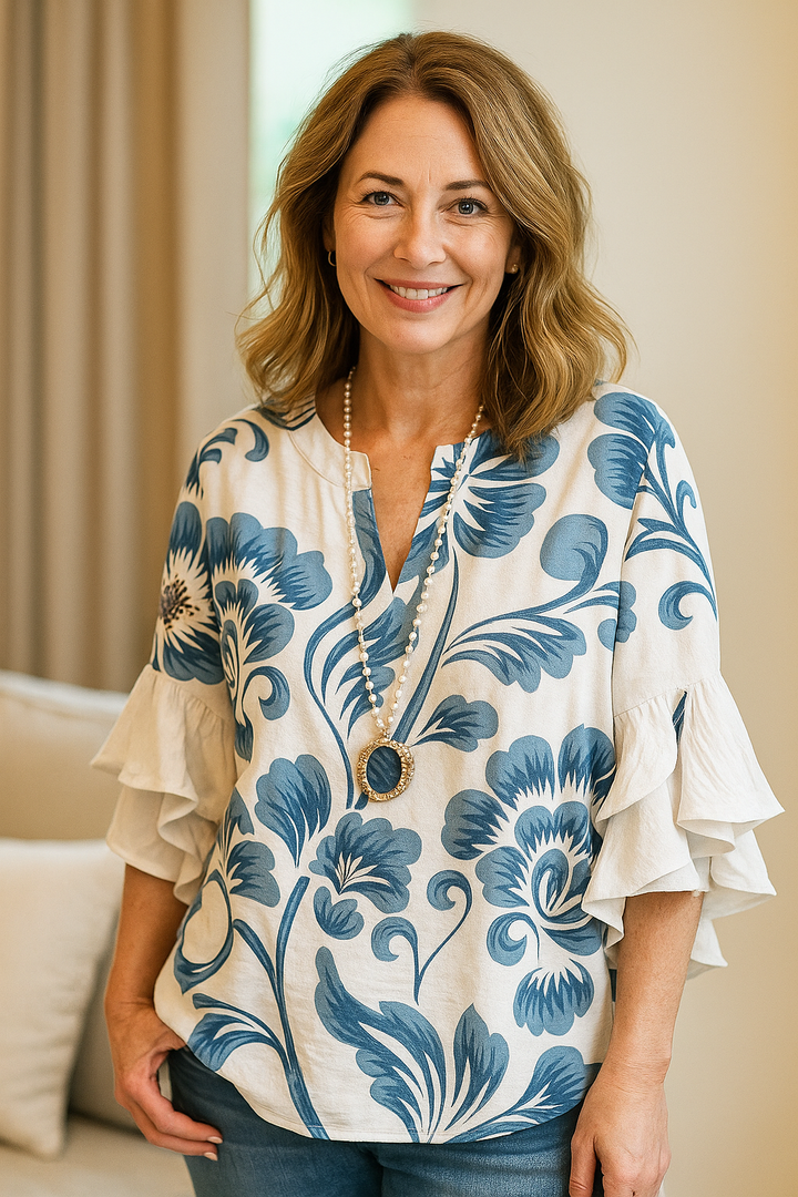 Blue flourish - bold ruffle blouse