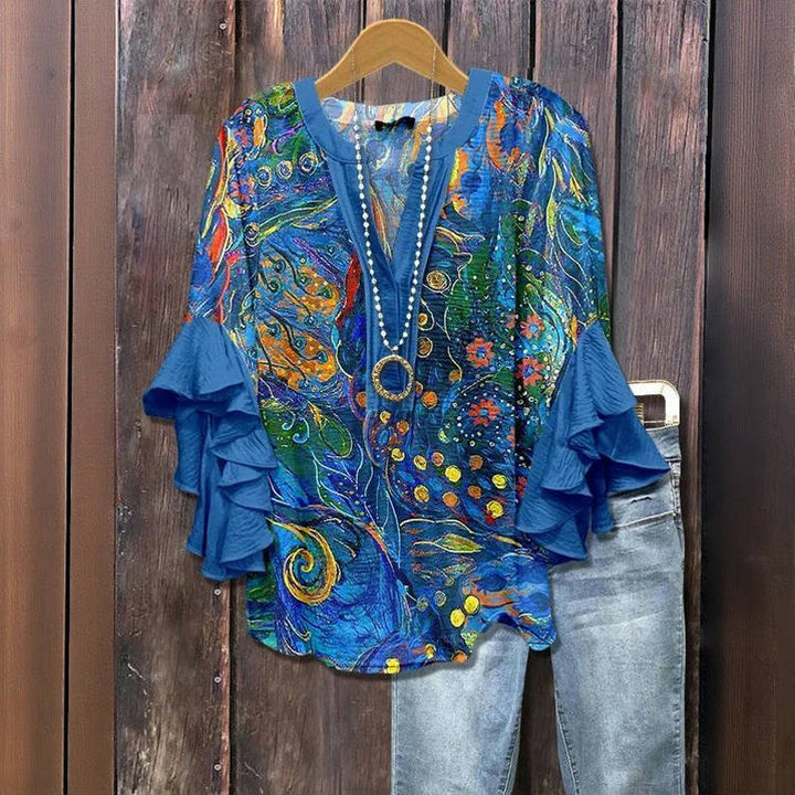 Electric garden - abstract ruffle blouse