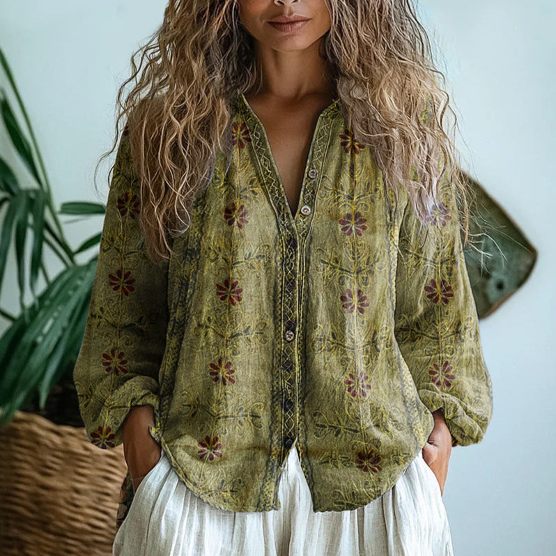 Patricia - Vintage Blouse With Leaf Print